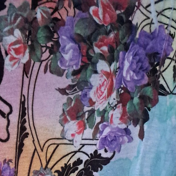 Romantic Top Floral Blouse Turquoise Lg Casual Freedom Short Sleeve Tunic Long - Picture 10 of 12